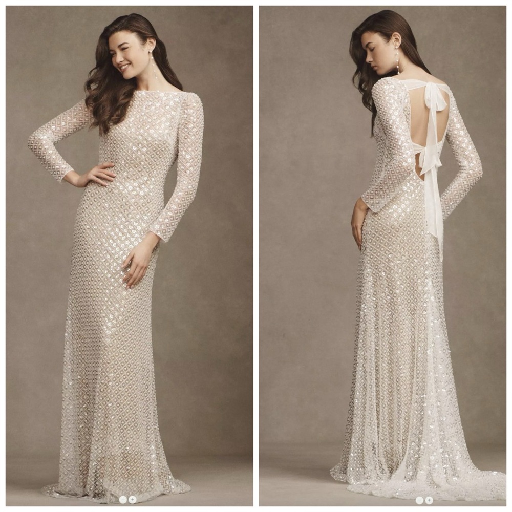 Watters Mia Long Sleeve Embellished Beaded Open Back Sheath Wedding Gown Sz 10